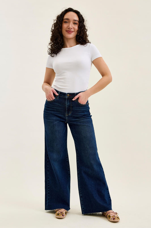JUDY BLUE HIGH WAIST PETITE RETRO WIDE W ADJUSTABLE WB TABS + RAW HEM - DARK STONE