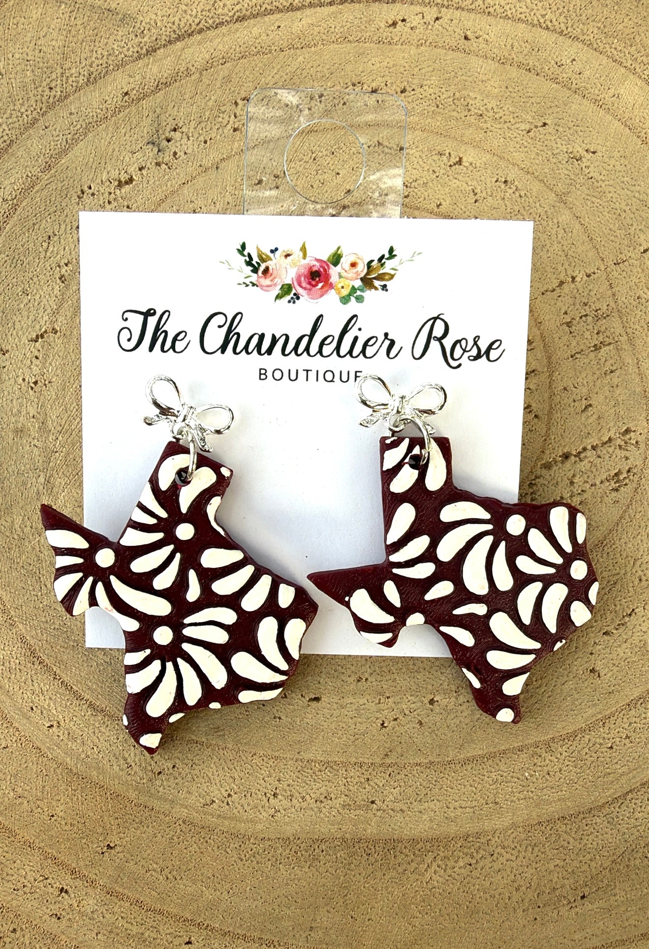 Maroon Floral Texas Earrings with Silver Bow
