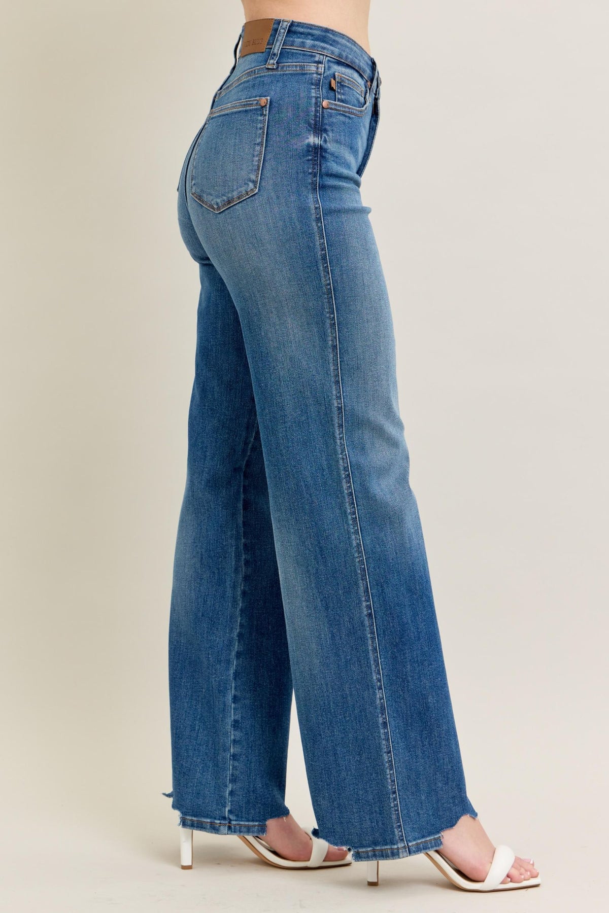 JUDY BLUE HIGH WAIST TUMMY CONTROL CHEW HEM DESTROY WIDE JEANS - MEDIUM STONE