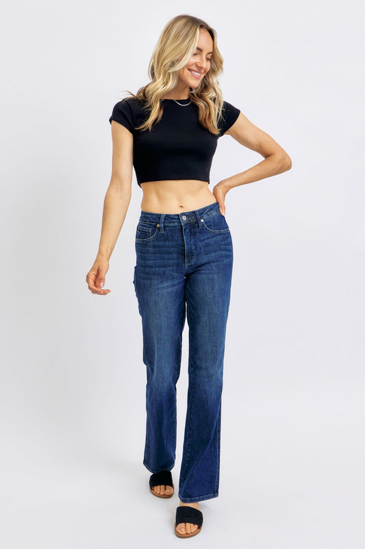 JUDY BLUE REGULAR MID RISE TUMMY CONTROL CLASSIC STRAIGHT JEAN - DARK STONE