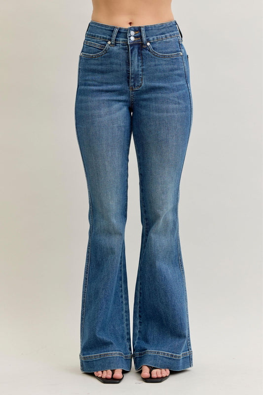 JUDY BLUE HIGH WAIST REGULAR FLARE TUMMY CONTROL DOUBLE BUTTON JEANS - MEDIUM STONE