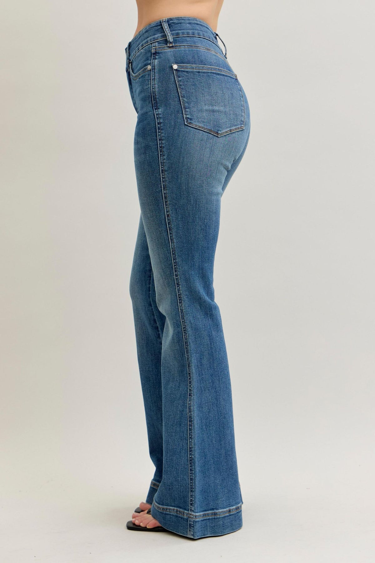 JUDY BLUE HIGH WAIST REGULAR FLARE TUMMY CONTROL DOUBLE BUTTON JEANS - MEDIUM STONE