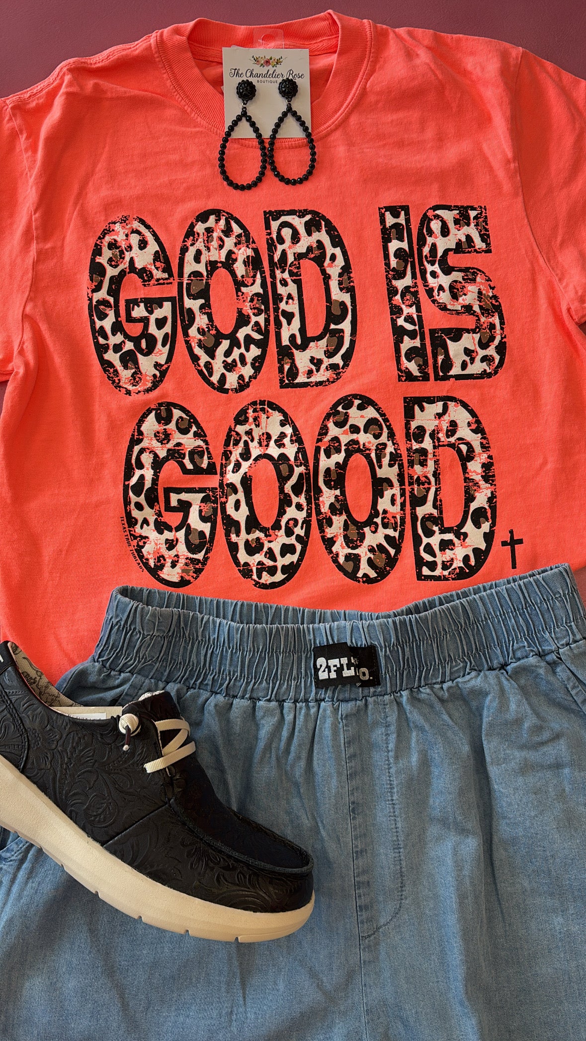 GOD IS GOOD IN LEOPARD PRINT TEE - Coral
