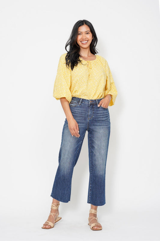 JUDY BLUE HIGH WAIST POCKET EMBROIDERED CROP WIDE JEAN - DARK STONE