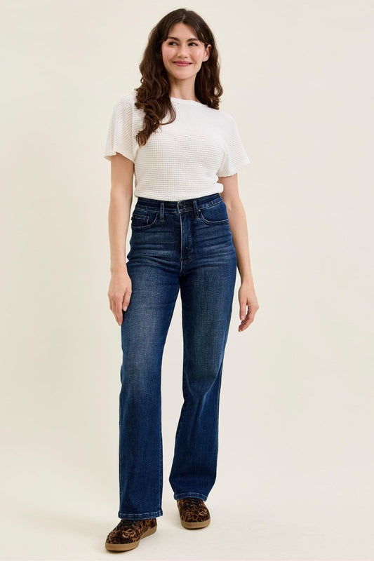 JUDY BLUE HIGH WAIST TUMMY CONTROL KIMBERLY CLASSIC STRAIGHT JEANS - DARK STONE