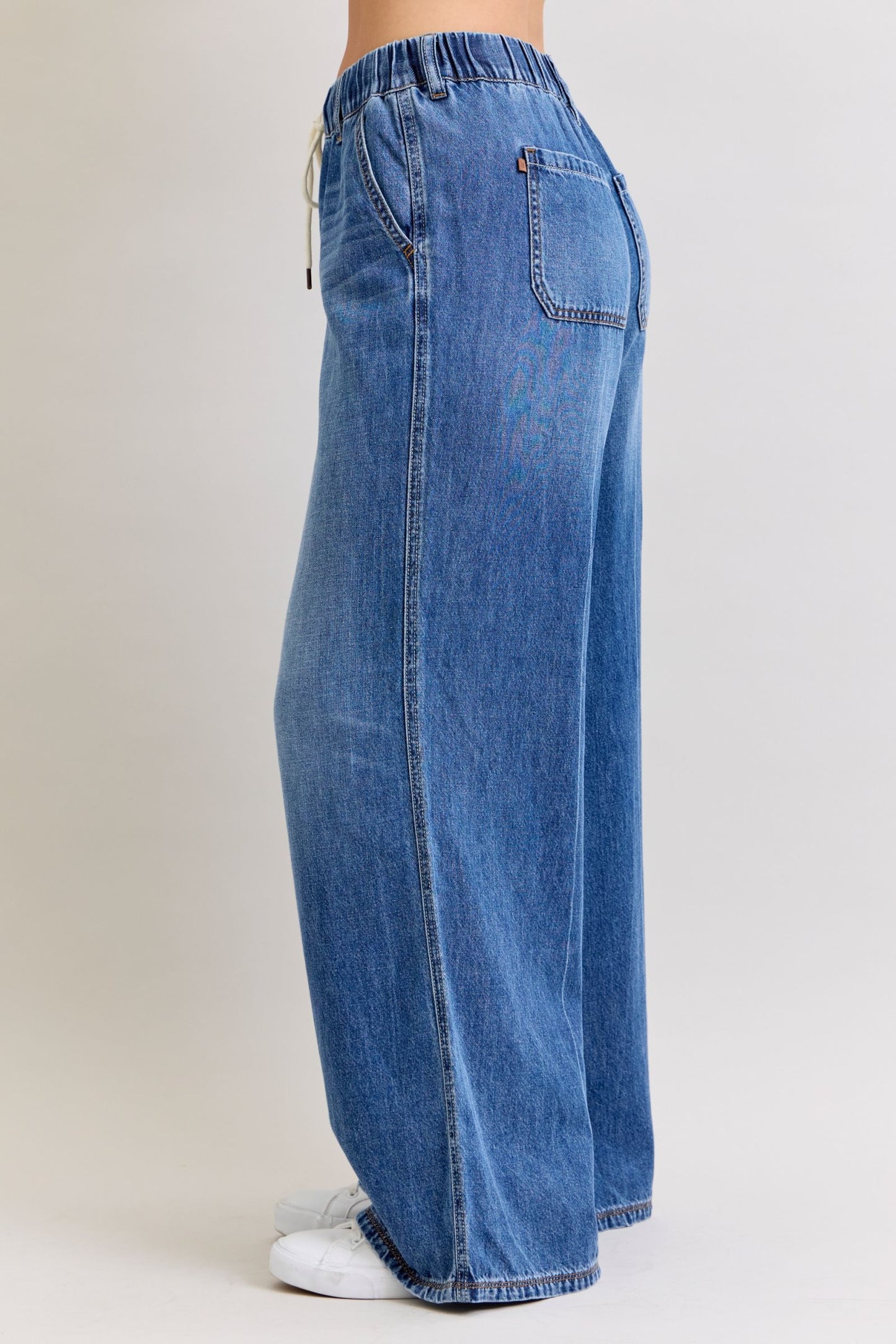 JUDY BLUE HIGH WAIST PALAZZO FEATHERWEIGHT RIGID ELASTIC WAISTBAND JEANS - DARK STONE