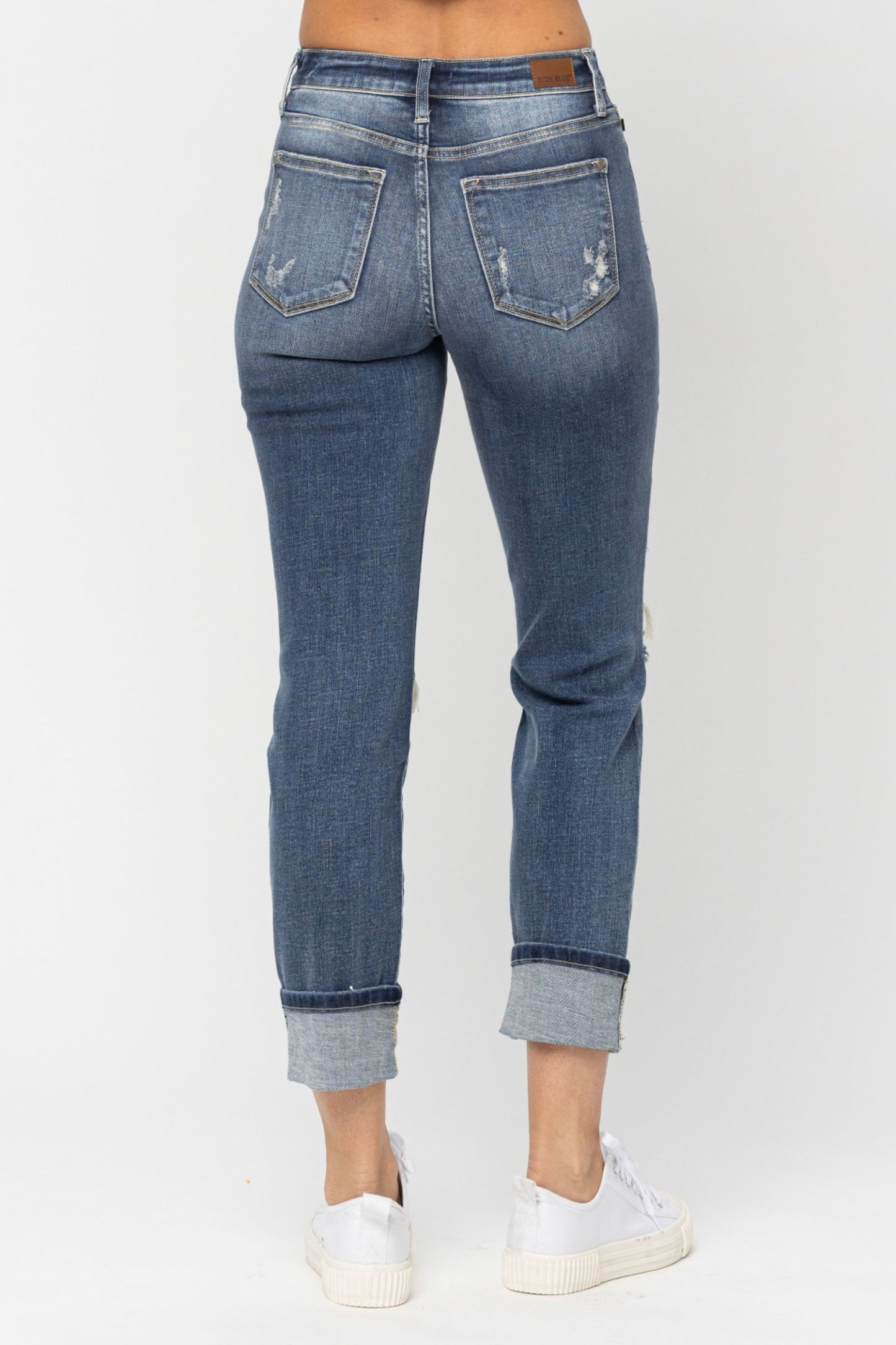 JUDY BLUE MID RISE CUFFED DESTROYED BOYFRIEND JEANS - MEDIUM STONE