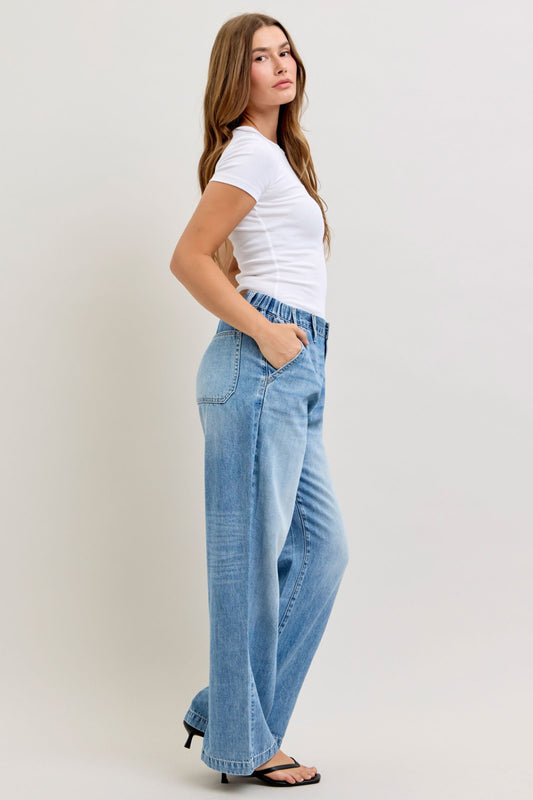 JUDY BLUE HIGH WAIST FEATHERWEIGHT BAGGY ELASTIC WAISTBAND - MEDIUM STONE