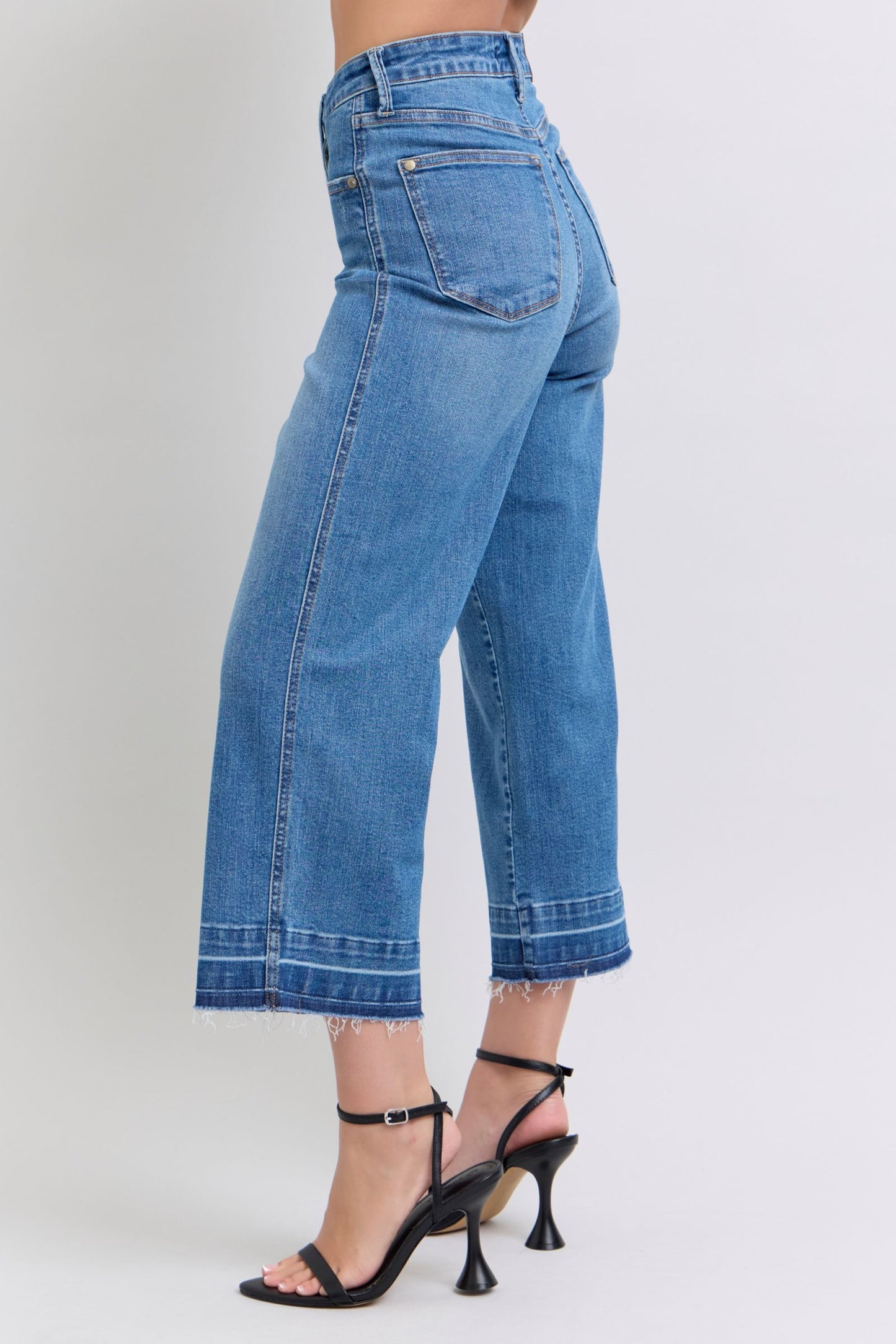 JUDY BLUE HIGH WAIST TUMMY CONTROL RELEASE HEM CROP WIDE JEAN