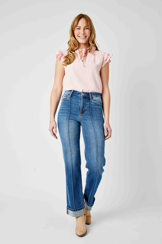 JUDY BLUE HIGH WAIST FRONT SEAM DETAIL & CUFFED STRAIGHT JEAN - MEDIUM STONE