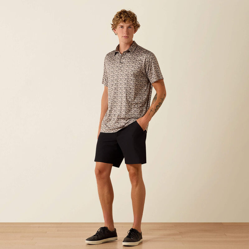 ARIAT MENS All Over Print Heathered Fitted Polo - OFF WHITE DESERT PRINT