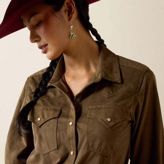 ARIAT WOMEN'S AUTUMN OLIVE SUEDE DRIFT WESTERN SNAP SHIRT