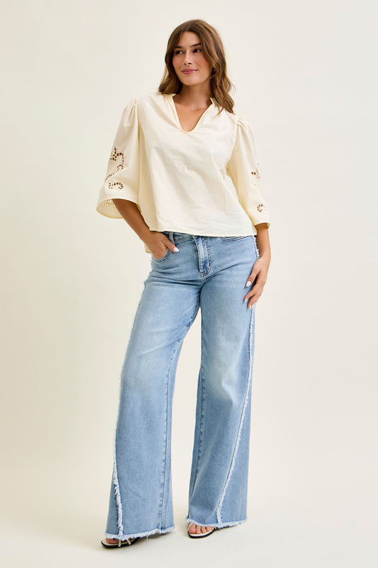 JUDY BLUE HIGH WAIST RETRO WIDE RAW TWISTED OUTSEAM JEANS - LIGHT STONE