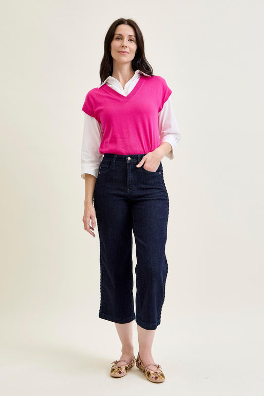 JUDY BLUE HIGH WAIST SIDE SEAM BRAID DETAIL CROP WIDE JEAN - RINSE