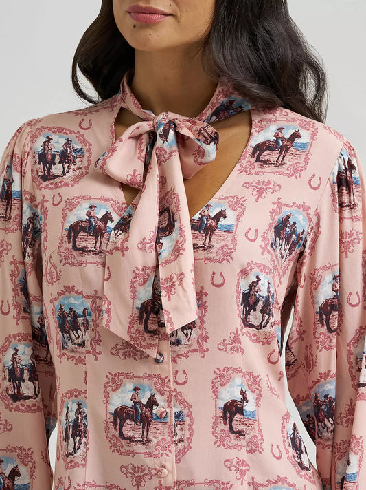 WRANGLER WOMENS CAMEO TIE NECK BLOUSE - PINK