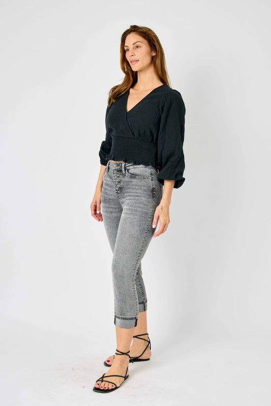 JUDY BLUE HIGH WAIST CUFFED BUTTON FLY CAPRI - GREY