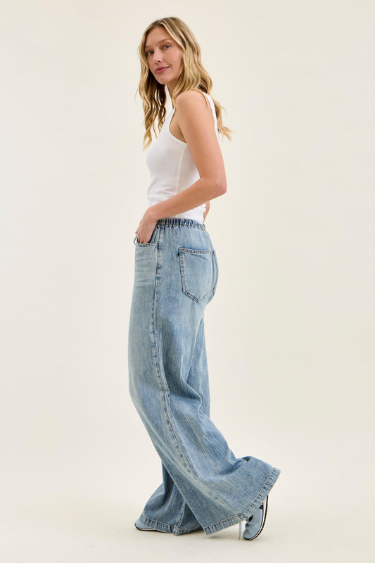 JUDY BLUE HIGH WAIST PALAZZO FEATHERWEIGHT W DRAWCORD - MEDIUM STONE