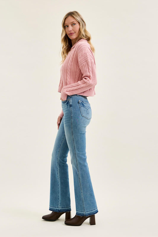 JUDY BLUE MIDRISE SLIM BOOTCUT TUMMY CONTROL RELEASE HEM JEANS - MEDIUM STONE
