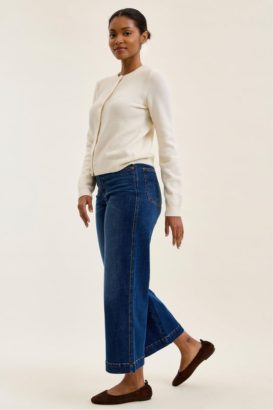 JUDY BLUE HIGH WAIST CLAUDIA ANKLE WIDE DARK DEEP INDIGO JEANS - DARK STONE