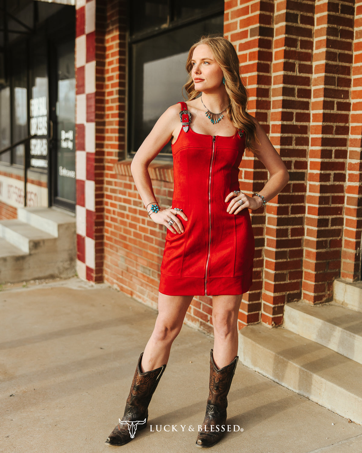 STRETCH SUEDE BUCKLE STRAP CORSET DRESS - RED