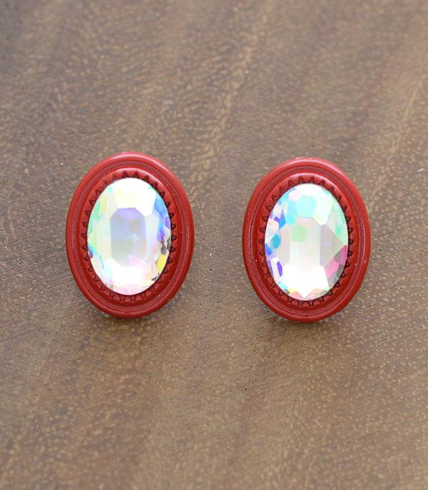 RED OVAL GLASS STONE POST EARRINGS