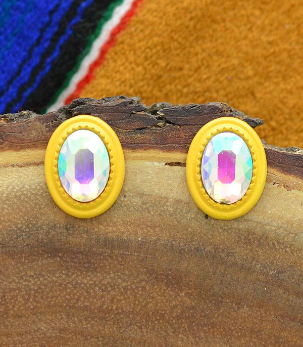 YELLOW OVAL GLASS STONE POST EARRINGS