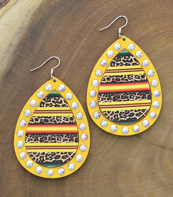 YELLOW LEOPARD SERAPE WOOD PRINT TEARDROP EARRINGS