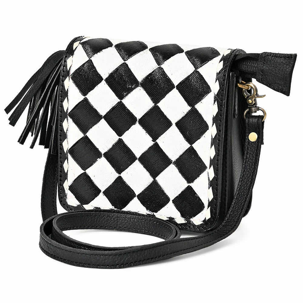 OHLAY LEATHER TOOLED CHECKERED CROSSBODY BAG