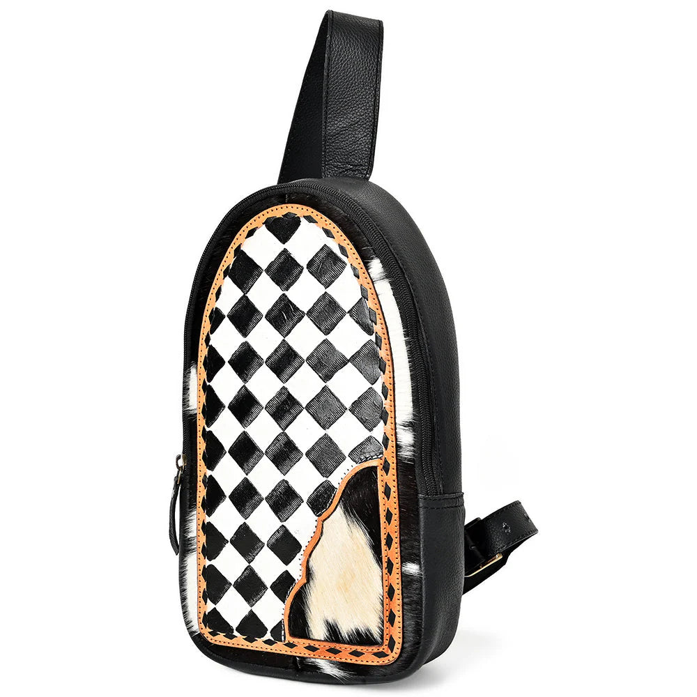 OHLAY LEATHER TOOLED SLING HAIR ON WESTERN BAG