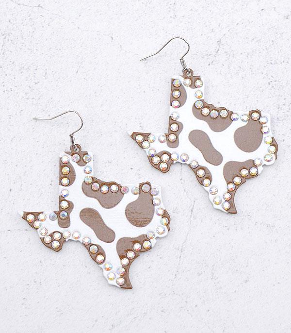 BROWN COW PRINT TEXAS MAP HOOK EARRINGS