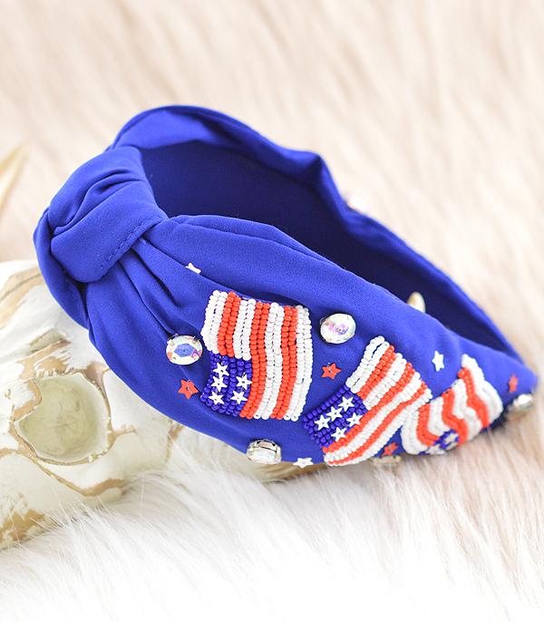 USA FLAG BEADED TOP KNOT HEADBAND - BLUE