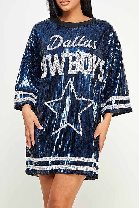 Game Day Sequin 4 T-shirt Dress or Navy Star Dallas Cowboys 