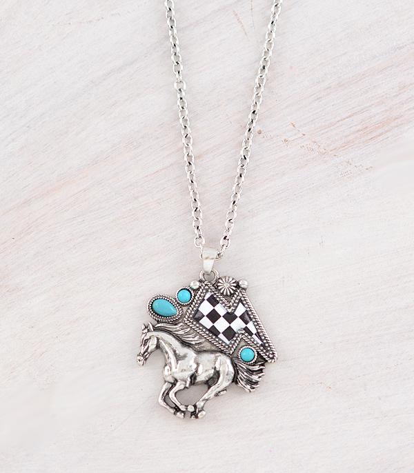 WESTERN CHECKERED HORSE AND LIGHTNING BOLT NECKLACE