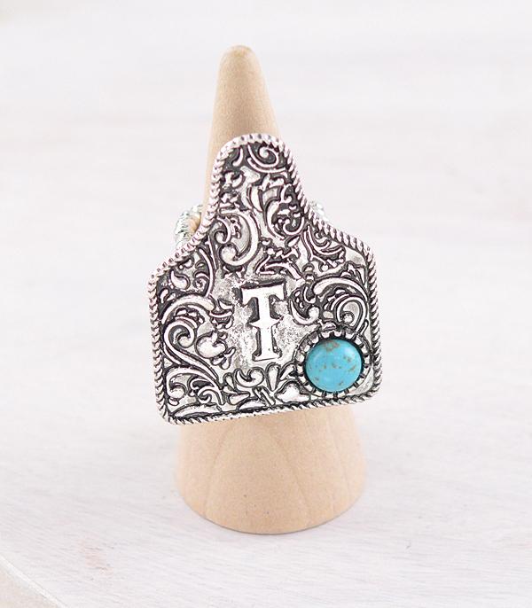 CATTLE TAG INITAL STRETCHY SILVER RING