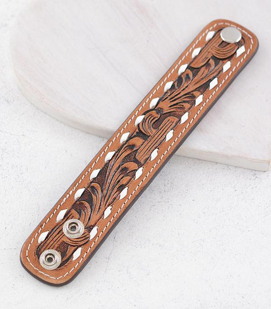 WESTERN LEATHER TOOLING BRACELET - BROWN