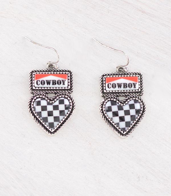 WESTERN COWBOY CHECKERED HEART EARRINGS