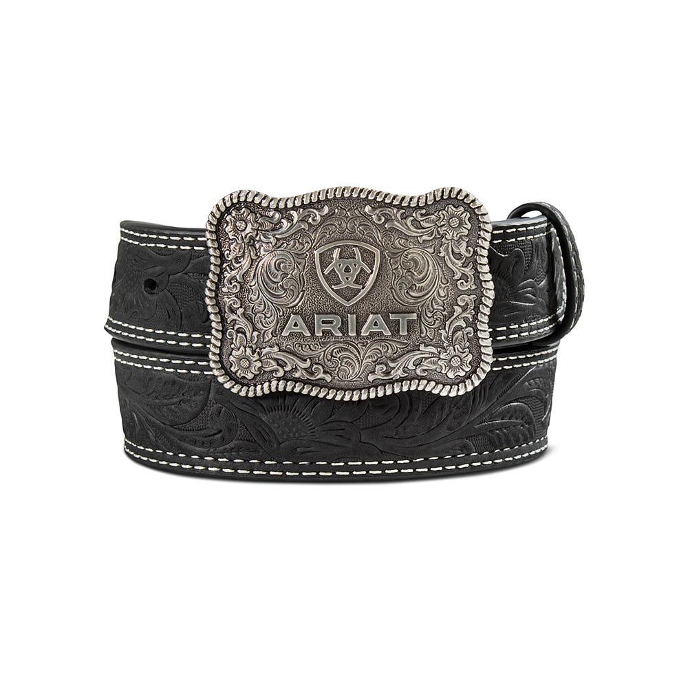 ARIAT BOYS BELT 1 1/4 TOOLED DOUBLE STITCH BLACK