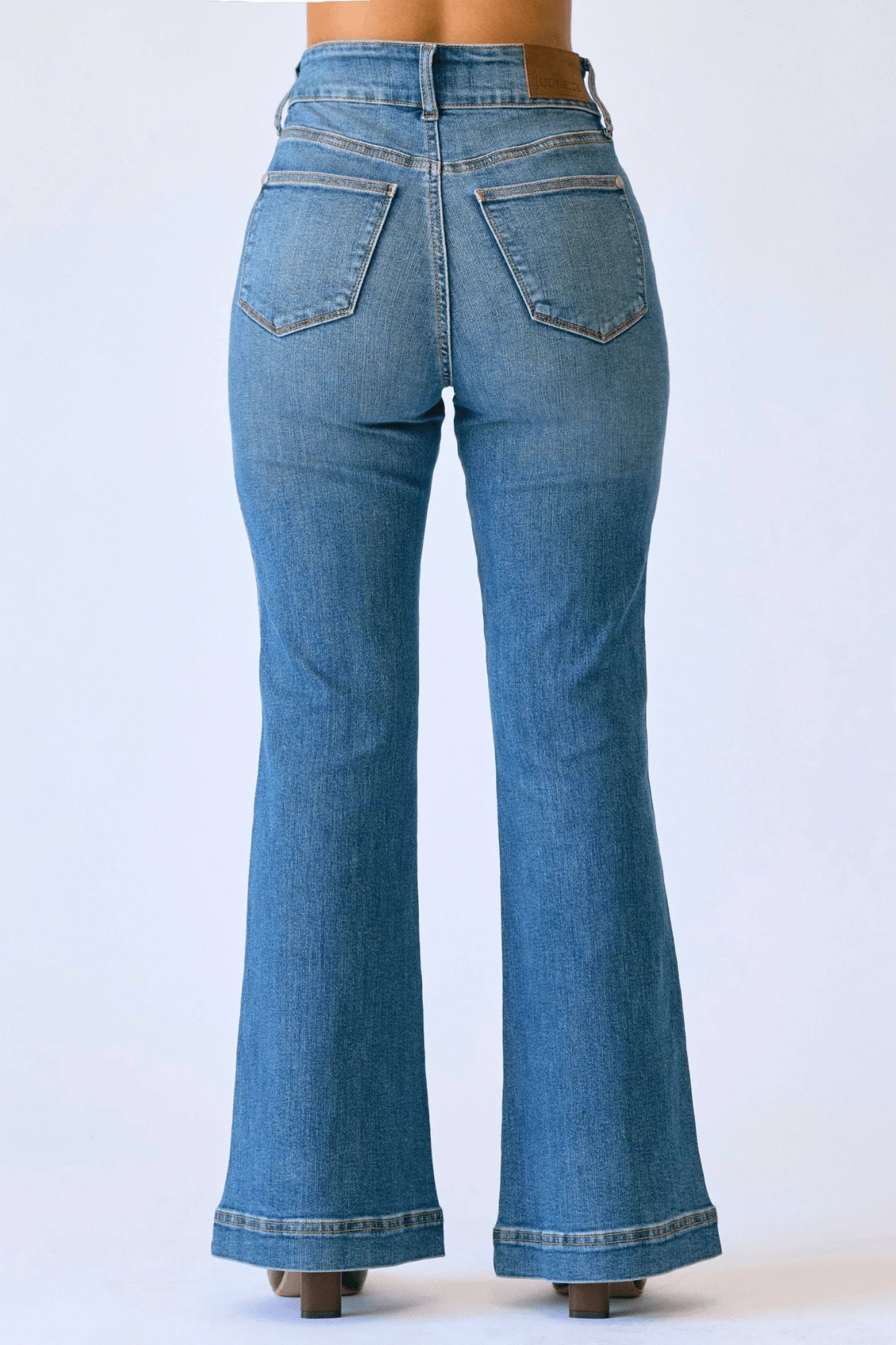 JUDY BLUE HIGH WAIST FLARE TUMMY CONTROL DOUBLE BUTTON WB JEANS - MEDIUM STONE