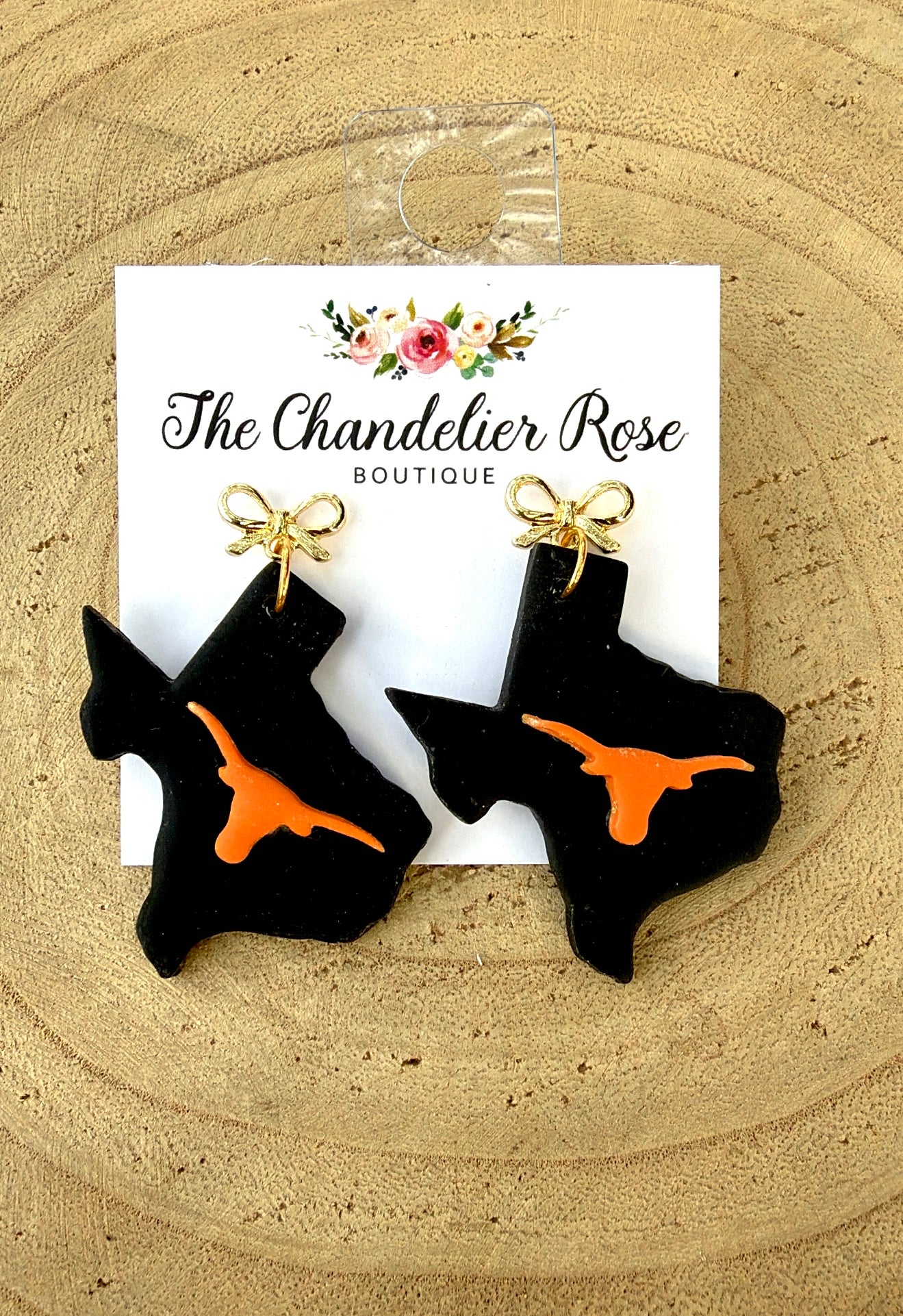 Black Texas Longhorns Earrings with Gold Bow