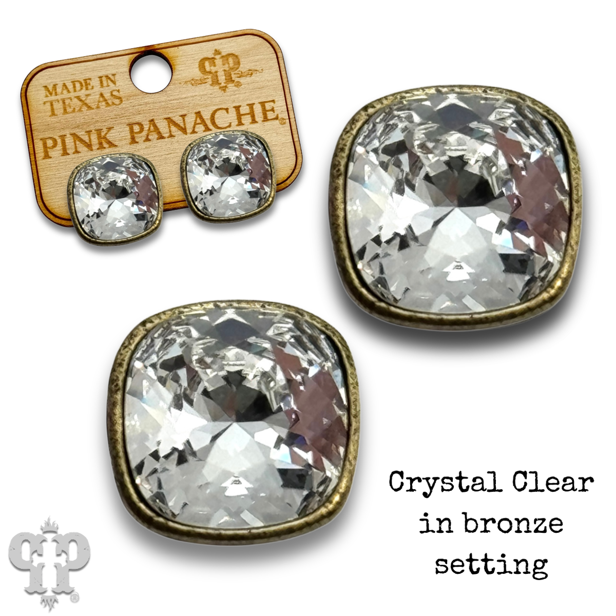 PINK PANACHE 10MM BRONZE CRYSTAL CLEAR CUSHION STUDS - E509BCL