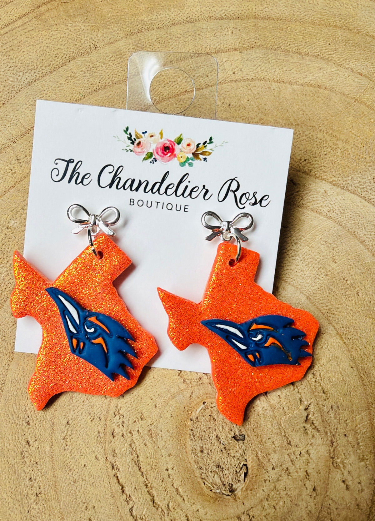 UTSA Orange Glitter Texas Earrings with Silver Bow
