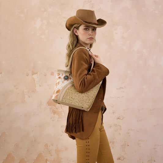 Montana West Tooled & Cowhide Whipstitch Tote Bag - Tan