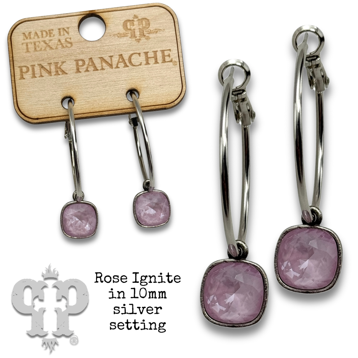 PINK PANACHE 10mm SILVER ROSE IGNITE CUSHION CRYSTAL MEDIUM HOOP EARRING -E508SSRI