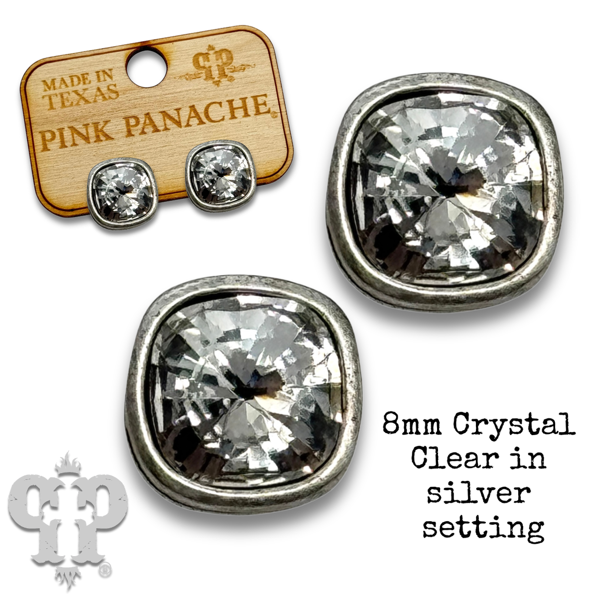 PINK PANACHE 8MM SILVER CRYSTAL LIGHT CUSHION CUT STUDS- E540SCL