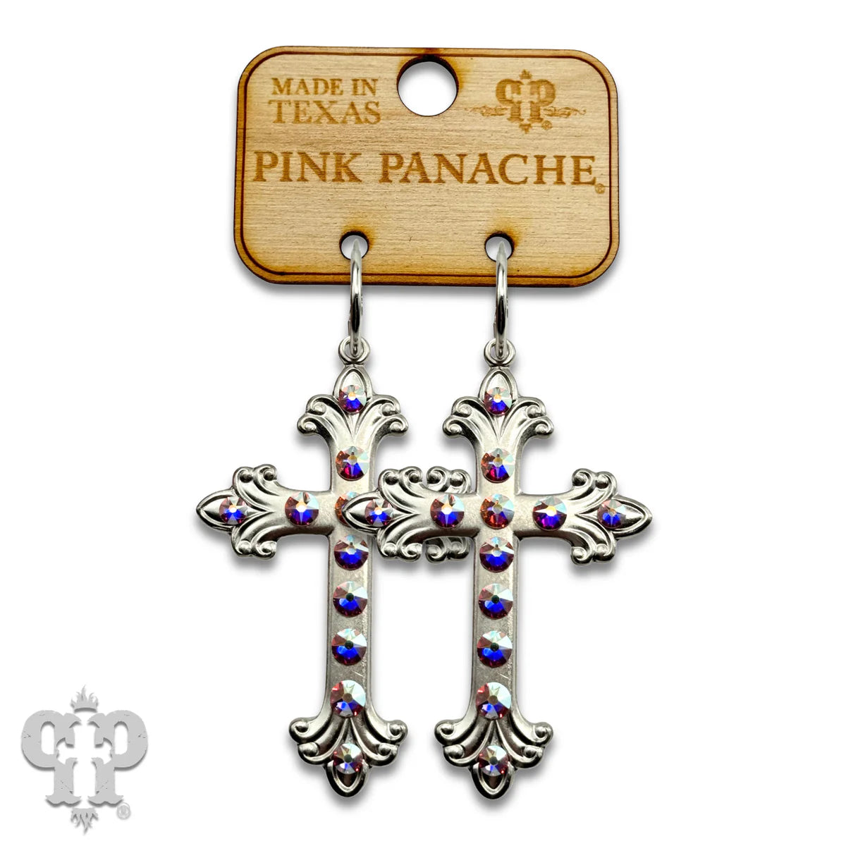 PINK PANACHE SILVER AB STONE SWIRL TIP CROSS SMALL HOOP EARRINGS - E660SAB