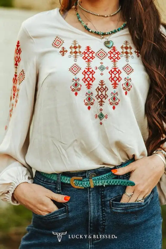 IVORY AZTEC EMBROIDERED LONG SLEEVE ELASTIC WAIST TOP