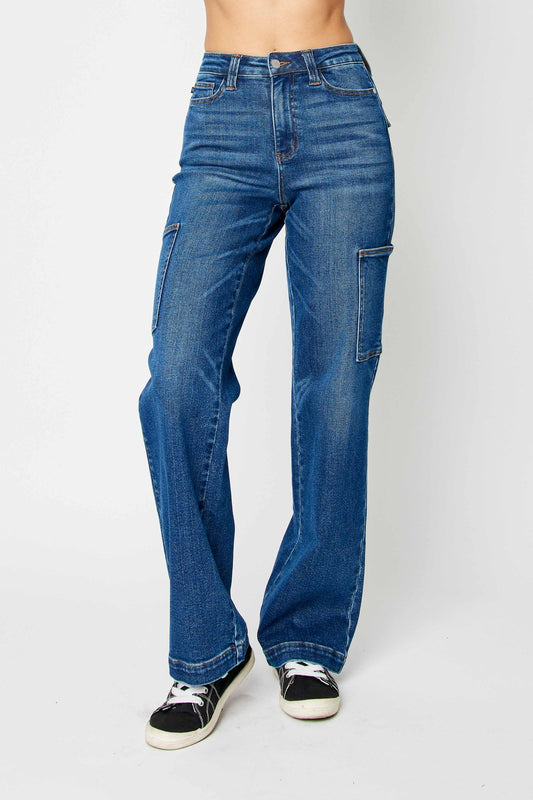 JUDY BLUE HIGH WAIST CARGO WIDE JEANS - DARK STONE