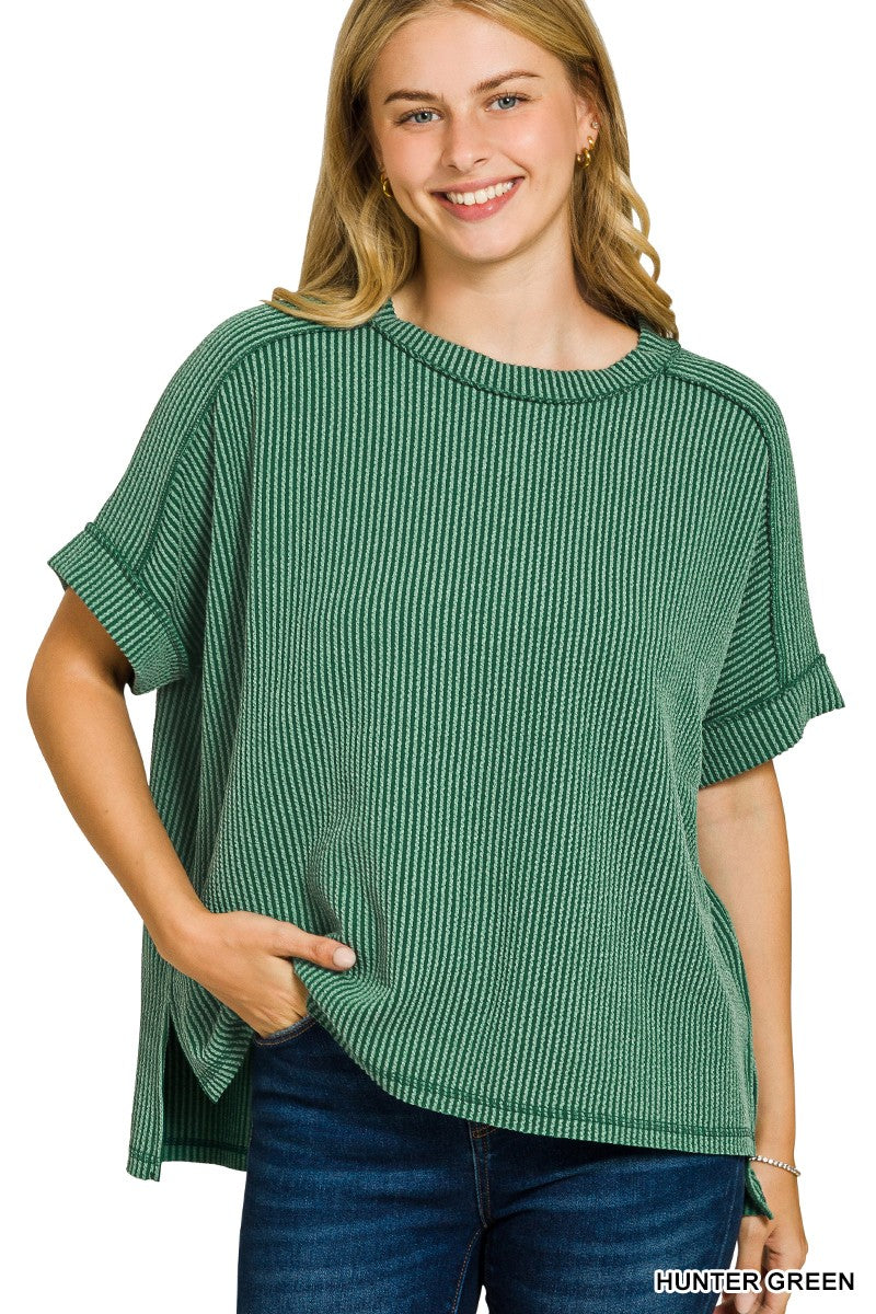 RAISED RIB CUFF SLEEVE RAW EDGE TOP - HUNTER