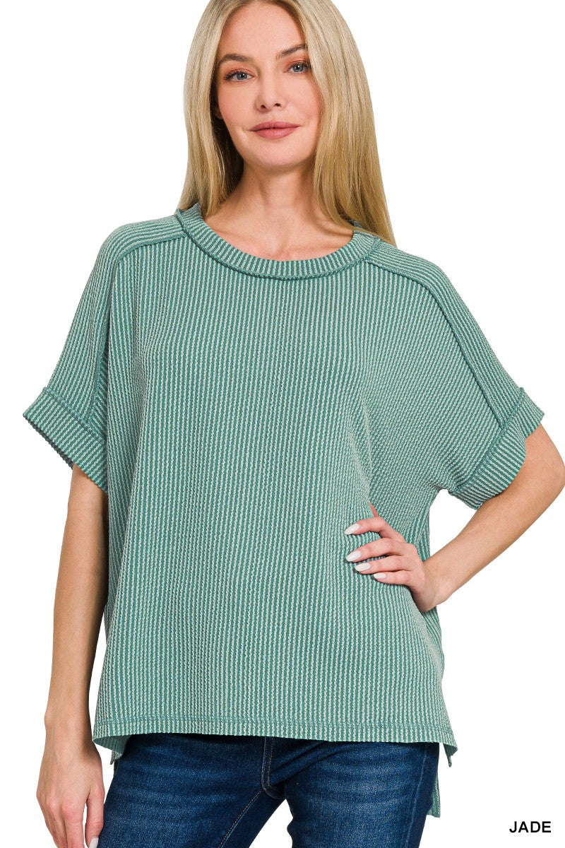 RAISED RIB CUFF SLEEVE RAW EDGE TOP - JADE