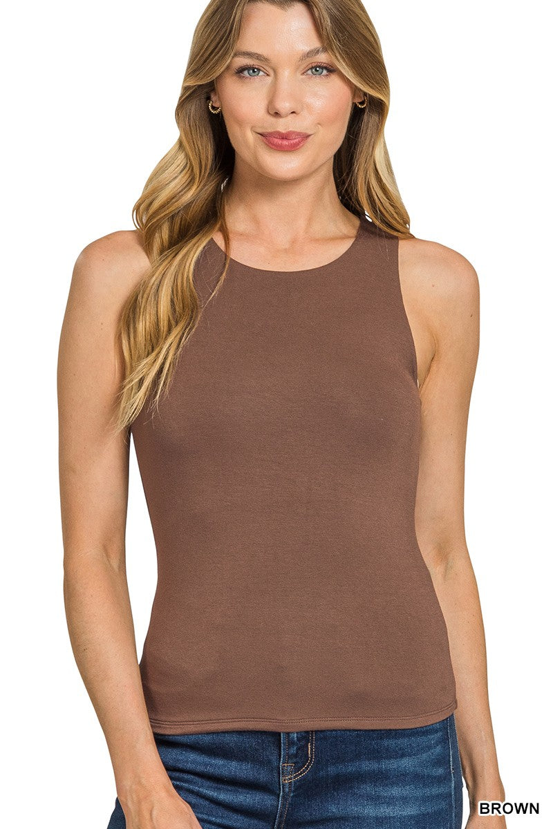 PREMIUM RAYON DOUBLE LAYERED ROUND NECK TANK TOP - BROWN